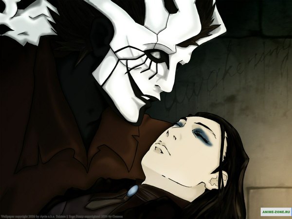 Anime picture 1024x768 with ergo proxy re-l mayer vincent law long hair black hair eyes closed girl boy mask