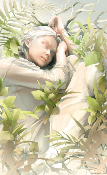 Anime picture 774x1259 with original re (artist) single tall image short hair white hair lying eyes closed lips realistic on side transparent boy plant (plants) transparent clothing
