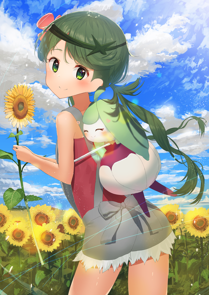 Anime-Bild 1756x2479 mit pokemon pokemon sm nintendo mallow (pokemon) steenee akamizuki (akmzk) single long hair tall image looking at viewer blush highres smile twintails green eyes sky cloud (clouds) looking back green hair hug