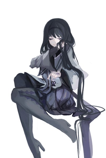 Anime picture 1181x1748 with mahou shoujo madoka magica shaft (studio) akemi homura wttwj single tall image fringe black hair simple background smile white background sitting purple eyes full body very long hair pleated skirt high heels looking down magical girl girl