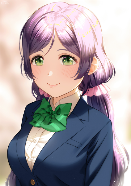 Anime picture 1300x1839 with love live! school idol project sunrise (studio) love live! toujou nozomi egawo single long hair tall image looking at viewer blush fringe breasts smile standing twintails green eyes payot purple hair upper body blurry