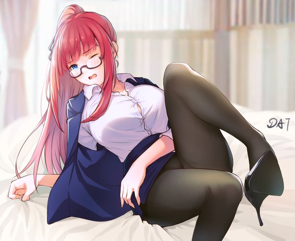 Anime picture 1882x1538 with go-toubun no hanayome nakano nino da-cart single long hair looking at viewer blush fringe highres breasts open mouth blue eyes light erotic large breasts signed payot bent knee (knees) ponytail red hair indoors