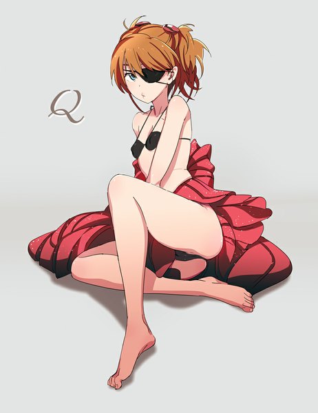 Anime picture 783x1016 with neon genesis evangelion rebuild of evangelion evangelion: 3.0 you can (not) redo gainax soryu asuka langley shikinami asuka langley mebae single tall image short hair breasts blue eyes light erotic simple background brown hair sitting looking away full body grey background flat chest