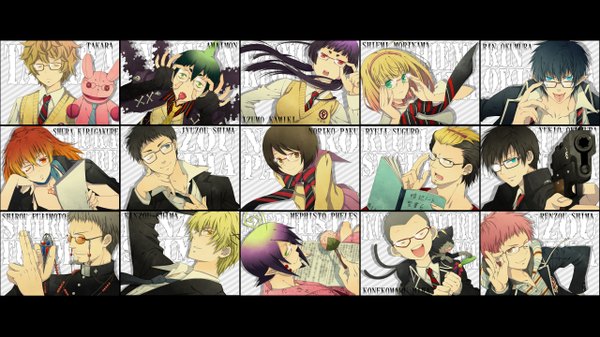 Anime picture 2560x1440 with ao no exorcist a-1 pictures okumura rin okumura yukio moriyama shiemi shima renzou kamiki izumo suguro ryuuji mephisto pheles miwa konekomaru amaimon kirigakure shura kamiki long hair highres short hair black hair blonde hair red eyes wide image