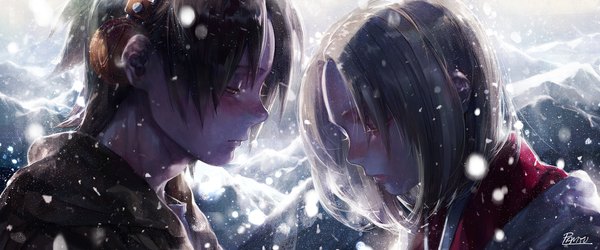 Anime picture 2551x1063 with shaman king xebec asakura you kyouyama anna hei hwan blush highres short hair black hair blonde hair wide image signed head tilt lips realistic snowing winter snow girl boy