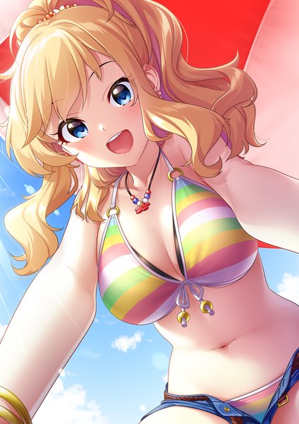 Anime picture 2026x2865 with idolmaster idolmaster cinderella girls ootsuki yui mikapoe single long hair tall image looking at viewer blush fringe highres breasts open mouth blue eyes light erotic blonde hair smile large breasts sky cloud (clouds)