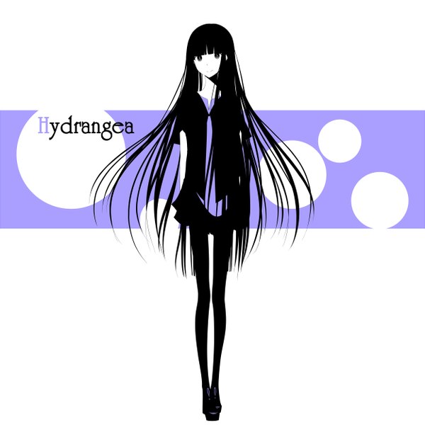 Anime picture 1250x1250 with original haru@ single long hair black hair simple background smile purple eyes inscription hands behind back white skin girl skirt pantyhose