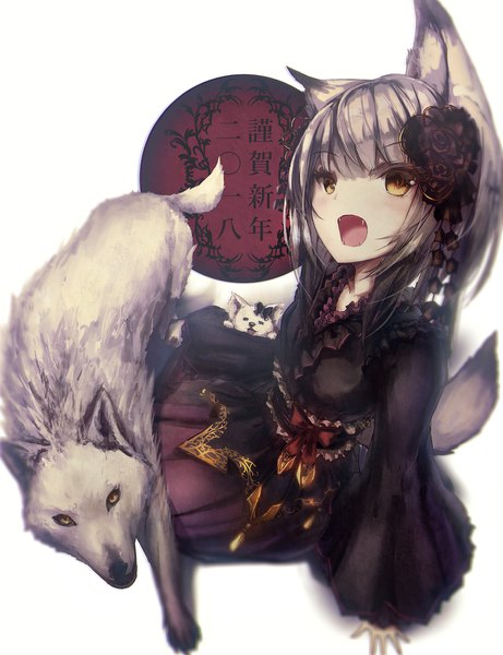 Anime picture 1447x1882 with original missle228 single tall image blush short hair open mouth simple background white background sitting animal ears yellow eyes silver hair tail long sleeves head tilt animal tail blurry wide sleeves arm support