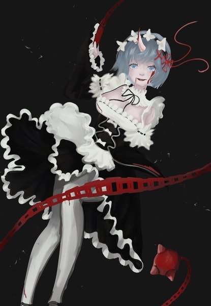Anime picture 4500x6500 with re:zero kara hajimeru isekai seikatsu white fox rem (re:zero) moonsmess single tall image looking at viewer fringe highres short hair open mouth blue eyes simple background smile holding blue hair absurdres blunt bangs horn (horns) maid