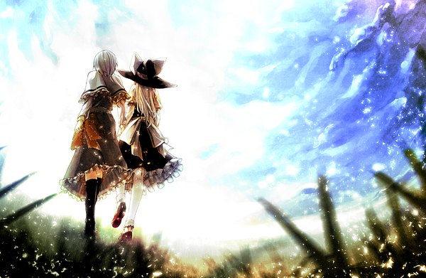 Anime picture 1226x800 with touhou kirisame marisa alice margatroid hakui ami wyllhell long hair blonde hair multiple girls sky silver hair cloud (clouds) from behind holding hands scenic girl dress bow 2 girls plant (plants) grass