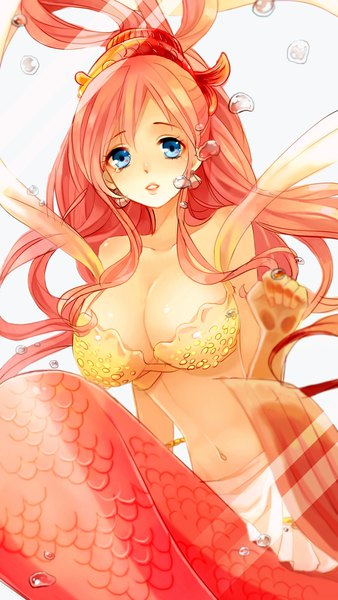 Anime picture 1200x2130 with one piece toei animation shirahoshi q-chiang single long hair tall image looking at viewer breasts blue eyes light erotic large breasts pink hair underwater hair rings cute monster girl against glass girl hairclip