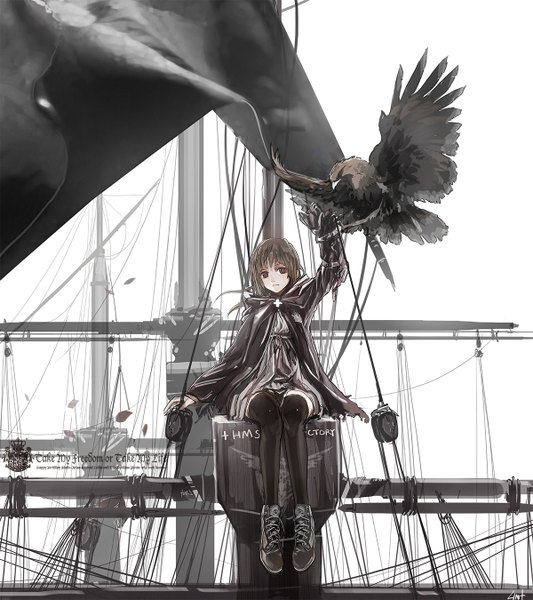 Anime picture 1200x1350 with original lin+ single long hair tall image purple eyes girl thighhighs animal bird (birds) cross watercraft ship mast