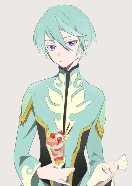 Anime picture 712x1000 with tales of (series) tales of zestiria mikleo (tales) lowe (slow) single tall image looking at viewer fringe short hair simple background hair between eyes purple eyes aqua hair grey background boy parfait