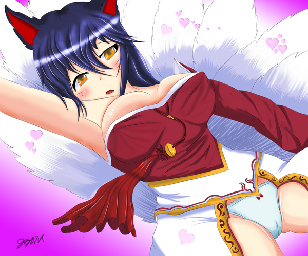 Anime picture 3000x2500 with league of legends ahri (league of legends) jay87k single long hair blush highres breasts open mouth light erotic large breasts animal ears yellow eyes blue hair facial mark multiple tails whisker markings girl underwear panties