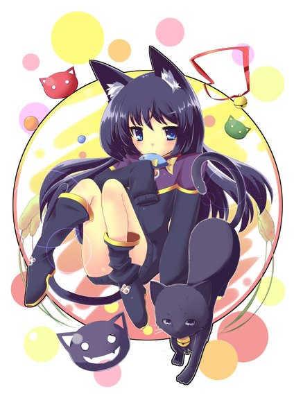 Anime picture 1228x1736 with original snow (gi66gotyo) long hair tall image blue eyes black hair animal ears cat ears cat girl cat tail mouth hold girl bell cat sweater