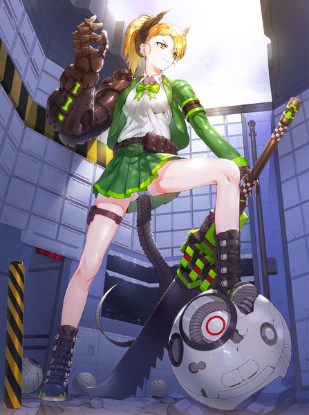 Anime picture 875x1175 with original kfr single long hair tall image light erotic blonde hair standing green eyes looking away bent knee (knees) ponytail indoors sunlight open clothes open jacket from below sunbeam ruins destruction