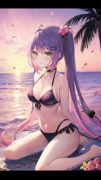 Anime picture 996x1766 with virtual youtuber hololive tokoyami towa aria (ariacue) single long hair tall image breasts light erotic sitting twintails green eyes looking away sky purple hair tail hair flower wariza evening sunset