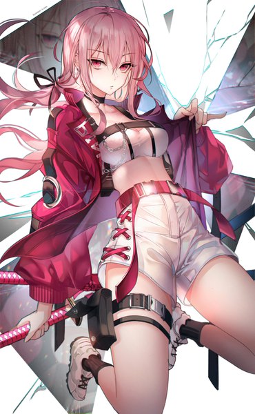 Anime picture 1000x1621 with original unity (ekvmsp02) single long hair tall image looking at viewer blush fringe breasts hair between eyes red eyes twintails holding signed payot pink hair full body bent knee (knees) open jacket midriff