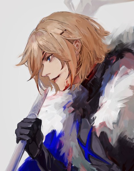 Anime picture 1609x2048 with fire emblem fire emblem: three houses nintendo dimitri alexandre blaiddyd huoa single tall image fringe short hair blue eyes blonde hair hair between eyes holding upper body profile blood on face boy gloves black gloves blood