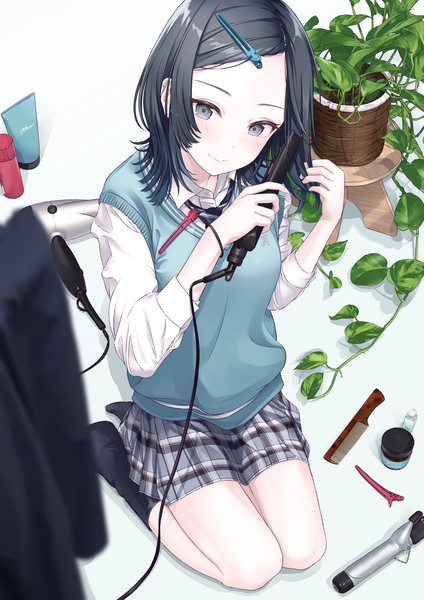 Anime picture 1447x2047 with original chobe 2 single tall image looking at viewer blush fringe short hair black hair smile sitting holding payot bent knee (knees) head tilt pleated skirt from above blurry grey eyes no shoes