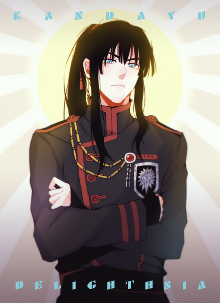 Anime picture 726x1000 with d.gray-man kanda yuu delight hsia single long hair tall image looking at viewer fringe blue eyes black hair hair between eyes signed payot upper body ponytail inscription character names crossed arms boy uniform