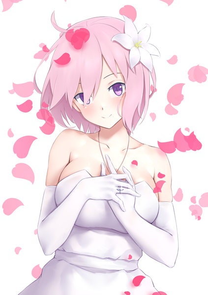 Anime picture 1416x2006 with fate (series) fate/grand order mash kyrielight jilu single tall image looking at viewer blush fringe short hair simple background smile standing white background purple eyes bare shoulders pink hair upper body ahoge head tilt