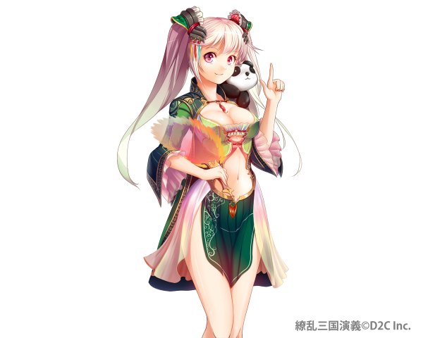 Anime picture 1200x960 with original iltusa single long hair looking at viewer light erotic simple background white background twintails white hair pink eyes girl dress navel hair ornament animal fan panda