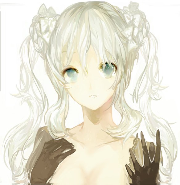 Anime picture 1000x1028 with original juexing (moemoe3345) single long hair tall image looking at viewer fringe simple background white background bare shoulders aqua eyes grey hair girl gloves