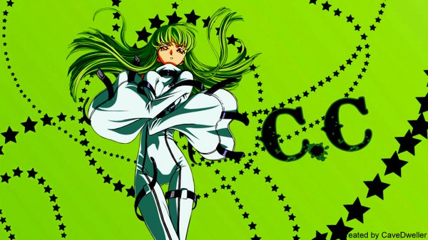 Anime picture 1366x768 with code geass sunrise (studio) c.c. single long hair fringe simple background red eyes wide image long sleeves green hair inscription green background girl star (symbol)