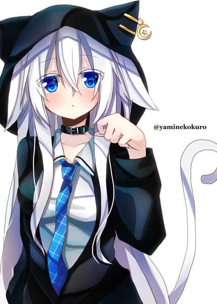 Anime picture 1111x1555 with original luna shuverutse yamine kuro single long hair tall image looking at viewer blush blue eyes simple background white background animal ears white hair tail animal tail multicolored hair cat ears cat girl cat tail piercing