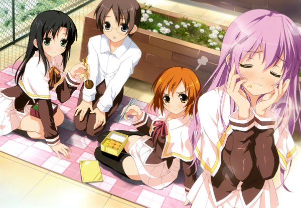 Anime picture 2461x1706 with 5 nenme no houkago (artbook) kantoku long hair blush highres blue eyes black hair brown hair multiple girls brown eyes green eyes yellow eyes pink hair eyes closed scan orange hair group eating girl thighhighs