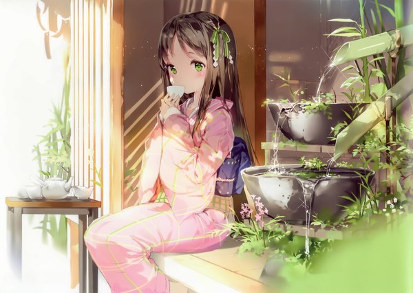 Anime picture 3465x2464 with original anmi single long hair looking at viewer blush highres black hair sitting holding green eyes absurdres traditional clothes japanese clothes sunlight scan girl hair ornament flower (flowers) plant (plants)