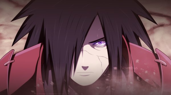 Anime picture 2077x1166 with naruto studio pierrot naruto (series) uchiha madara novedsus single long hair fringe highres black hair wide image purple eyes hair over one eye coloring portrait close-up face rinnegan boy armor