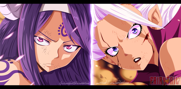 Anime picture 1900x945 with fairy tail mirajane strauss sayla (fairy tail) tongasart nuclearagent long hair highres wide image purple eyes multiple girls purple hair white hair pink eyes inscription tattoo lipstick coloring facial mark watermark letterboxed
