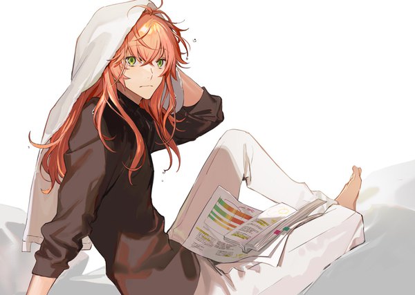 Anime picture 1000x712 with fate (series) fate/grand order romani archaman itefu single long hair fringe simple background hair between eyes white background sitting green eyes barefoot orange hair arm support alternate hairstyle hair down boy book (books) water drop