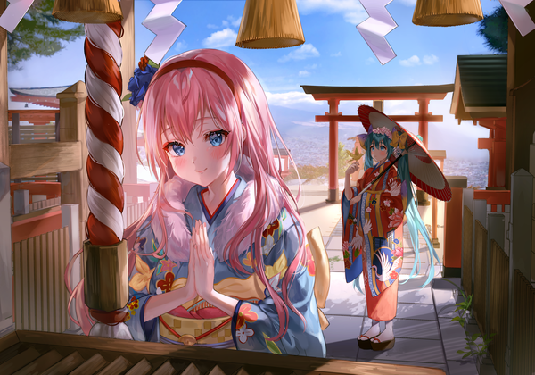 Anime picture 5000x3500 with vocaloid hatsune miku megurine luka aina 156cm long hair blush fringe highres blue eyes smile hair between eyes standing twintails multiple girls payot looking away pink hair absurdres sky cloud (clouds)