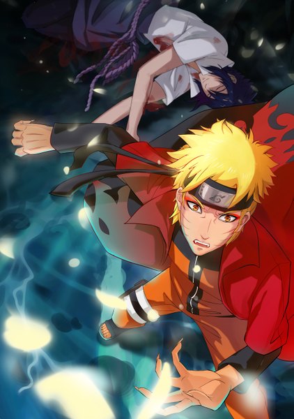 Anime picture 2022x2872 with naruto studio pierrot naruto (series) uzumaki naruto uchiha sasuke tennen tall image highres short hair open mouth black hair blonde hair lying eyes closed orange eyes magic facial mark eyeshadow whisker markings jinchuriki