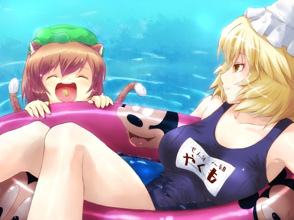 Anime picture 1280x960 with touhou yakumo ran chen kuku px open mouth light erotic blonde hair brown hair multiple girls animal ears yellow eyes animal tail profile cat ears girl 2 girls swimsuit hat water one-piece swimsuit