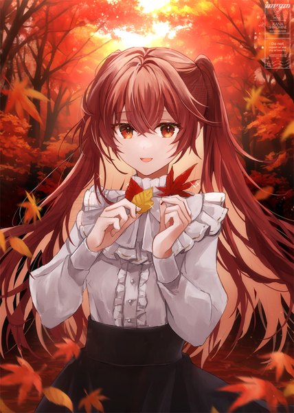 Anime-Bild 800x1122 mit original shiromine kana single long hair tall image looking at viewer fringe open mouth hair between eyes red eyes holding outdoors red hair :d multicolored hair sparkle two side up colored inner hair autumn girl