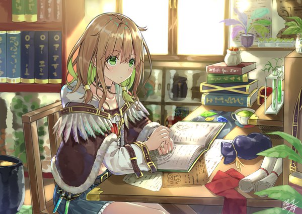 Anime picture 1529x1087 with original miko fly single long hair blush fringe open mouth hair between eyes brown hair sitting twintails green eyes signed looking away indoors multicolored hair green hair sunlight two-tone hair :o