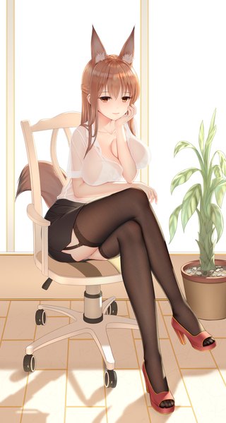 Anime picture 1600x3000 with arknights franka (arknights) laoan single long hair tall image looking at viewer blush fringe breasts light erotic hair between eyes brown hair large breasts sitting brown eyes animal ears full body tail animal tail