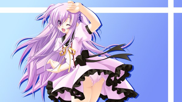 Anime picture 1900x1069 with argenteumastrum long hair highres open mouth light erotic wide image purple eyes pink hair one eye closed wink girl dress underwear panties bow