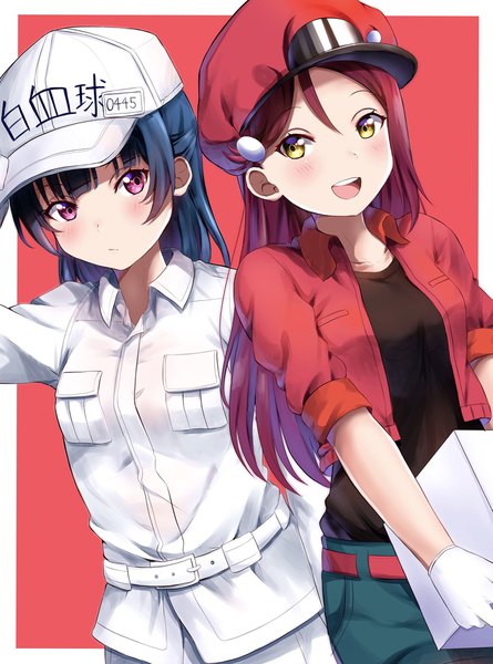 Anime picture 1519x2048 with love live! sunshine!! hataraku saibou sunrise (studio) love live! david production sakurauchi riko tsushima yoshiko white blood cell (hataraku saibou) red blood cell (hataraku saibou) mia (fai1510) long hair tall image blush open mouth simple background smile standing purple eyes multiple girls holding