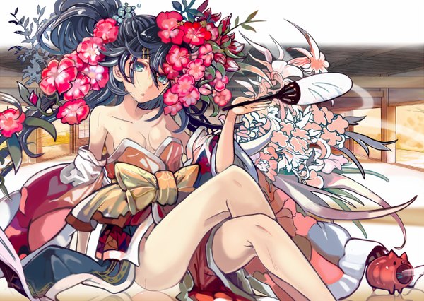 Anime picture 1400x995 with original pixiv ryuuri susuki (artist) single long hair looking at viewer open mouth blue eyes light erotic black hair sitting traditional clothes japanese clothes hair flower sweat crossed legs sweatdrop multicolored girl hair ornament