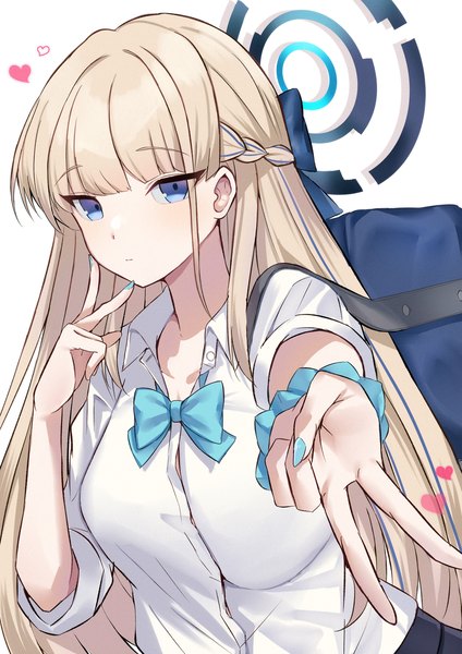 Anime picture 1523x2157 with blue archive asuna (blue archive) toki (blue archive) mi taro333 single long hair tall image looking at viewer blush fringe breasts blue eyes simple background blonde hair large breasts white background upper body blunt bangs nail polish multicolored hair