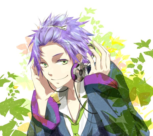 Anime picture 2546x2269 with starry sky tsubasa amaha negishi single highres short hair smile green eyes purple hair boy hair ornament hairclip headphones