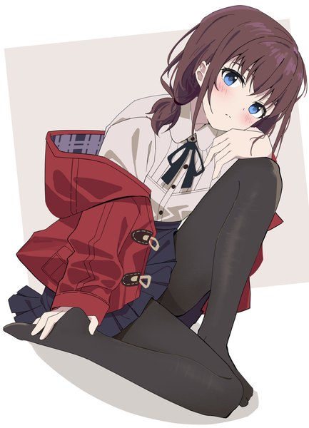 Anime picture 3249x4500 with girls band cry toei animation iseri nina soha (sirohaxe) single tall image blush highres short hair blue eyes brown hair sitting absurdres off shoulder no shoes girl pantyhose black pantyhose coat