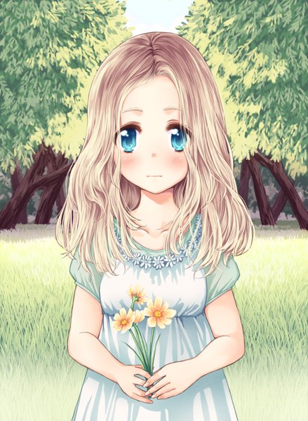 Anime picture 1098x1500 with tokunou shoutarou single long hair tall image blush blue eyes blonde hair girl flower (flowers) plant (plants) tree (trees) grass sundress