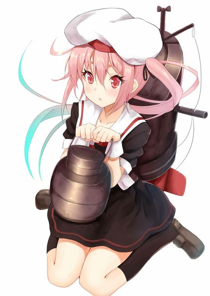Anime picture 708x1000 with kantai collection harusame destroyer harusame (kantai collection) harusame (kancolle) body mahattaya ginga single long hair tall image blush simple background red eyes white background sitting looking away pink hair ponytail multicolored hair aqua hair side ponytail wariza