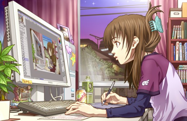 Anime picture 1225x800 with original zap. single long hair fringe open mouth brown hair sitting brown eyes sky profile drawing folded ponytail recursion girl hair ornament plant (plants) window hairclip star (symbol)